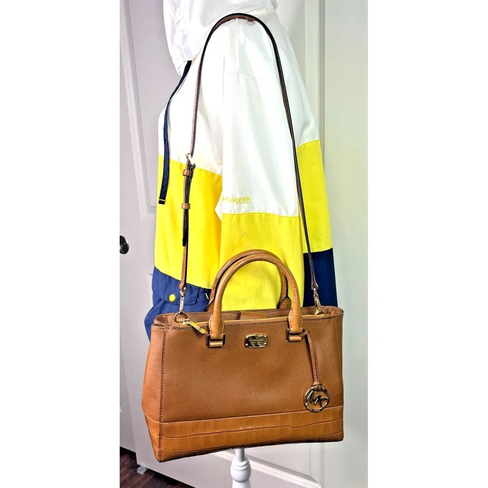 Michael Kors Kellen Crosshatch Leather‎ Satchel Medium 357GS0S6E Tote Adj Strap